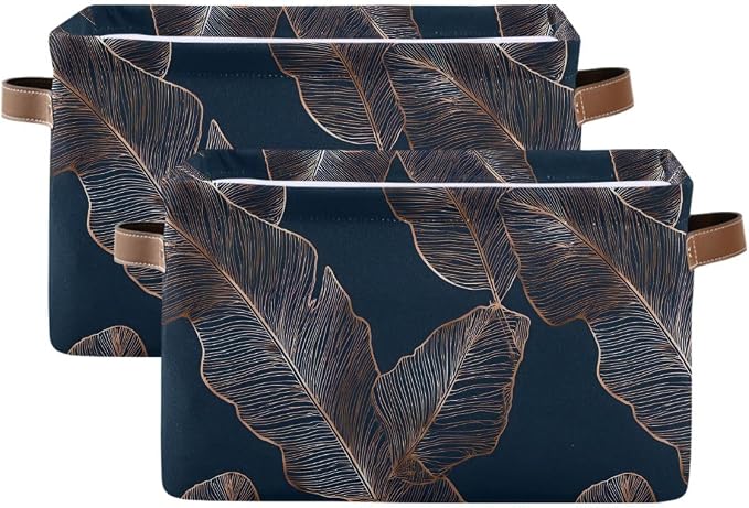 susiyo Gold Palm Leaves Navy Blue Closet Storage Bins with PU Handles, Foldable Fabric Storage Baskets for Shelves, Decorative Baskets Clothes Storage Baskets for Organizing-2Pack