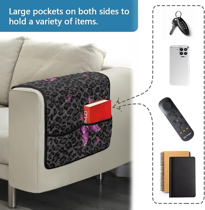 Leopard Butterfly Stretch Armrest Covers Couch Arm Cover Non-Slip Arm Rest Covers with 2 Pockets Armchair Slipcovers for Recliner Furniture Protector Home Decor