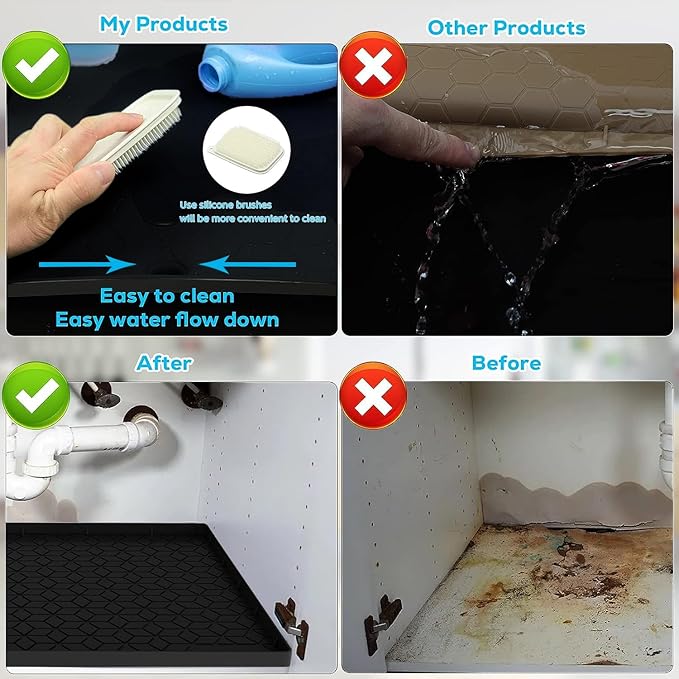 Under Sink Mat for Kitchen Silicone Waterproof Under Sink Liner, Flexible Sink Cabinet Organizer Tray with Drain Hole, Hold up to 3.3 Gallons Liquid, Easy to Clean (Black, 28X19)