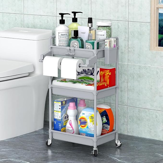 SPACEKEEPER Rolling Storage Cart, 3 Tier Utility Cart for Bathroom, Grey | Rolling Cart with Lockable Wheels, Towel Rack, Hooks & Cup for Laundry Room,Kitchen,Office, Snack,Craft,Art,Makeup,Nail,Toys
