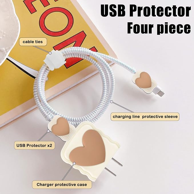 CameCosy DIY Cable Protector for iPhone Charger,Cute Protectors for Type-C Data Cable with 3D Print Love Heart Pattern Data Line Phone Wire Saver Protector for iPhone 11 12 13 14 Pro Max-Beige