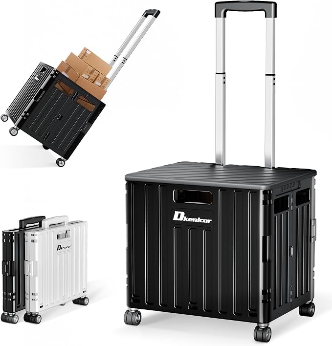 Folding Utility Cart, Portable Rolling Crate Handcart Collapsible Shopping Trolley with Lid, Foldable Tool Box Basket with 4 Rotate Wheels for Grocery, Office, Luggage, School - Black