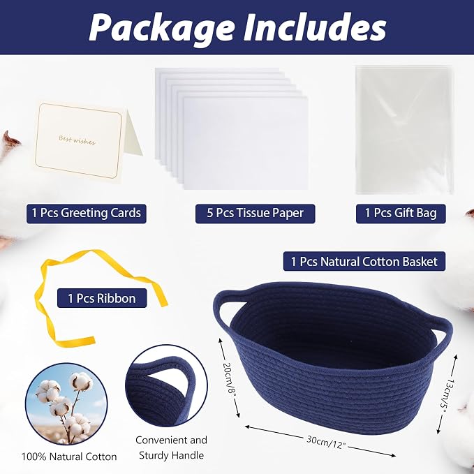 woric Navy Blue Baskets for Gifts Empty Small Woven Gift Basket | Blue Gift Basket for Baby Shower Storage Organizer Toys Presents ( 12"X 8" X 5" with Gift Bag Card Ribbon Tissue Paper)