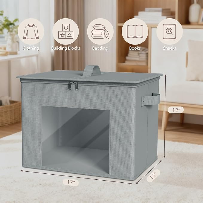 Zilink Fabric Storage Bins with Lid Closet Storage Bins, Light Grey, 4Pack | Stackable, Smooth Zipper, Clear Window, Sweater Organizer, Closet Organizers and Storage Box for Home, Bedroom