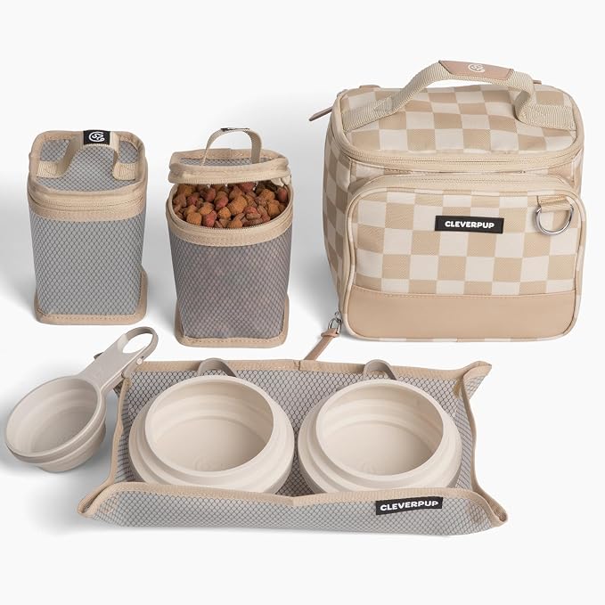 Small 7-Piece Bistro Box Dog Food Travel Kit, 6-Cup BPA-Free Kibble Storage, 2 Silicone Bowls, Mat & Scoop - Portable Pet Food Kit for Weekends, Overnights, Daycare & Camping, Checkerboard