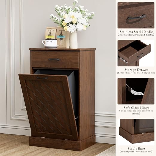 njnj 13 Gallons Tilt Out Trash Cabinet, Kitchen Hidden Trash Bin Cabinet Wood Garbage Recycling Cabinet with Hideaway Drawer, Pet Proof Freestanding Trash Bin for Kitchen Living Room Brown