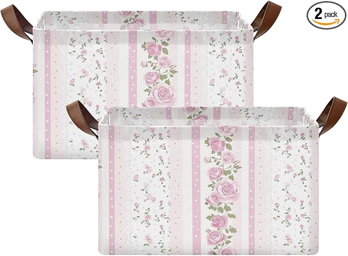 Pink and White Striped Rose Floral Storage Basket Foldable Cube Storage Bin with Handles&Label Collapsible Organizer Box Bin Large Rectangle Decorative Basket for Shelve Home Living Room Closet, 2 PC