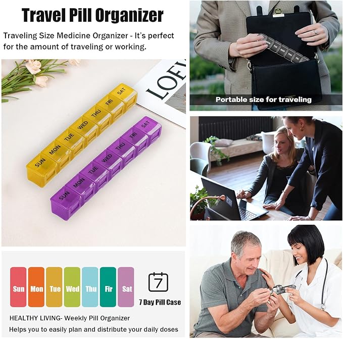 2 Pack Weekly Pill Organizer, Large 7 Day Travel Pill Case(Orange & Purple) | Daily Vitamin Case Medicine Box, AM/PM Pill Containers Twice a Day for Medicine Supplements Fish Oil, Portable & Durable