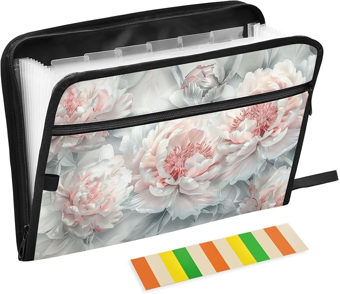 13 Pocket Zipper Expanding File Folder A4 Pink Flower | Accordion File Organizer with Front Pouch A4 Letter Size Portable Folders for Documents Receipt School Office Supplies