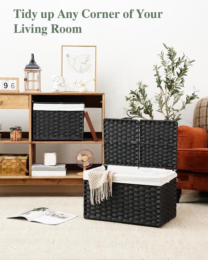 SETVSON Storage Basket with Lid PE Rattan Woven Storage Bins, 65L Black | 65L Storage Bin with 2 Separate Lids, 2 Removable Liner Bags with Divider, Sturdy Metal Frame, Foldable Side Handles