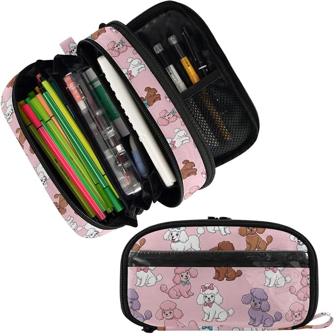 Cute Pets Poodles Pink pattern Large Capacity Pencil Case with Zipper Water Resistant Portable Organizer Pen Bag for Office School Students