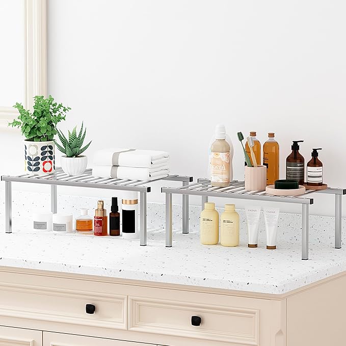 STORAGE MANIAC Expandable Cabinet Organizer Shelf, Set of 4, Gray | 15.8 inches Expandable, Stackable Wire Shelf, Spice Rack, Metal Pantry Storage for Plate Dish, Kitchen Counter Shelves