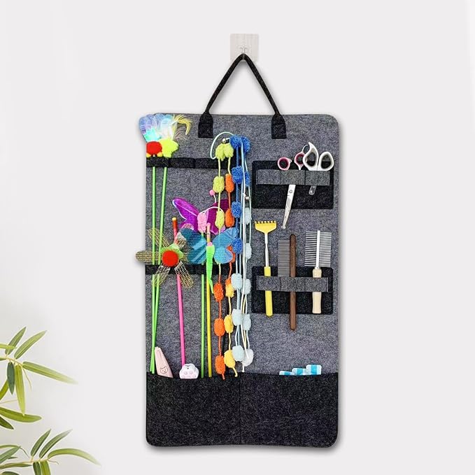 OLizee® Wall Mounted Cat Wand Toy Storage Bag Felt Cat Feather Toys Organizer Cat Teaser Wand Holder Cat Toy Storage Bag for Indoor