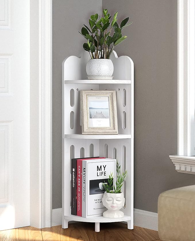 Meangood Bathroom Corner Shelf Stand, 3 Tier Solid Wood Display Shelf for Narrow Space, Shower Corner Shelf, Plant Stand Nightstand, for Living Room, Bedroom, Home Office, Elegant White