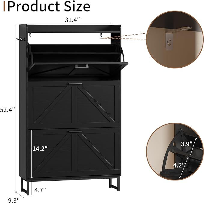 Xixini Shoe Storage Cabinet with 3 Flip Drawers, Entryway Shoe Rack, Black | Freestanding Narrow Shoe Storage, Hidden Slim Wood Shoe Organizer, Modern Farmhouse, Open Storage & Hooks for Closet, Hallway