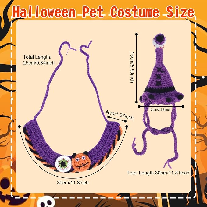 Kunyeah Halloween Pet Costume Set for Cats Small Dog Adjustable Knitted Hat Scarf Pumpkin & Witch Print Puppy Bib Cute Crochet Cat Collar Cap Pet Apparel Outfit (Purple-Eyes)
