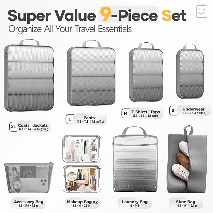 Veken 9/11 Set Compression Packing Cubes Garment Bags for Travel Essentials,Compressible Expandable Luggage Organizer Bags for Clothing,Space Saver Bags with Over 1000 pcs of Mesh Holes(Gray)