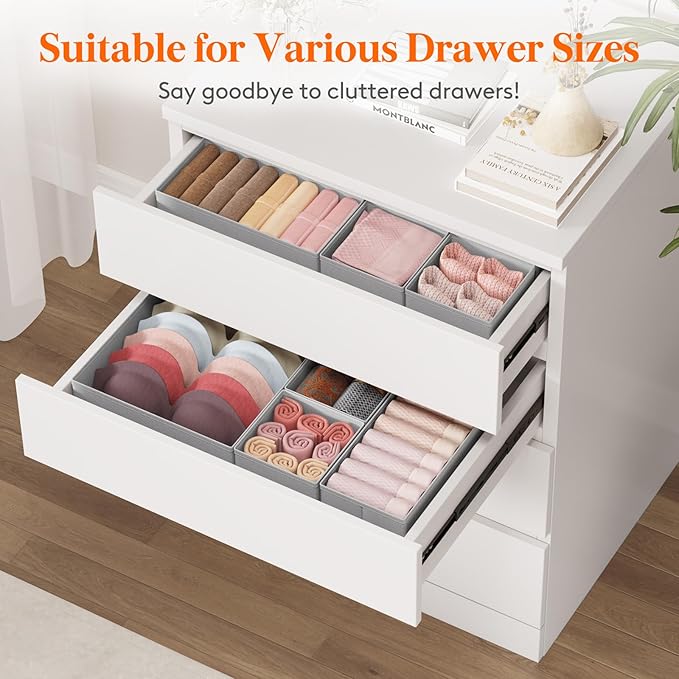 Lifewit Drawer Organizer Clothes for Closet, Light Gray, 16 Pack | 3 Sizes Underwear Wardrobe Drawer Dividers, Fabric Foldable Dresser Storage Organizer Bins for Sock, Bra, Lingerie, Undies