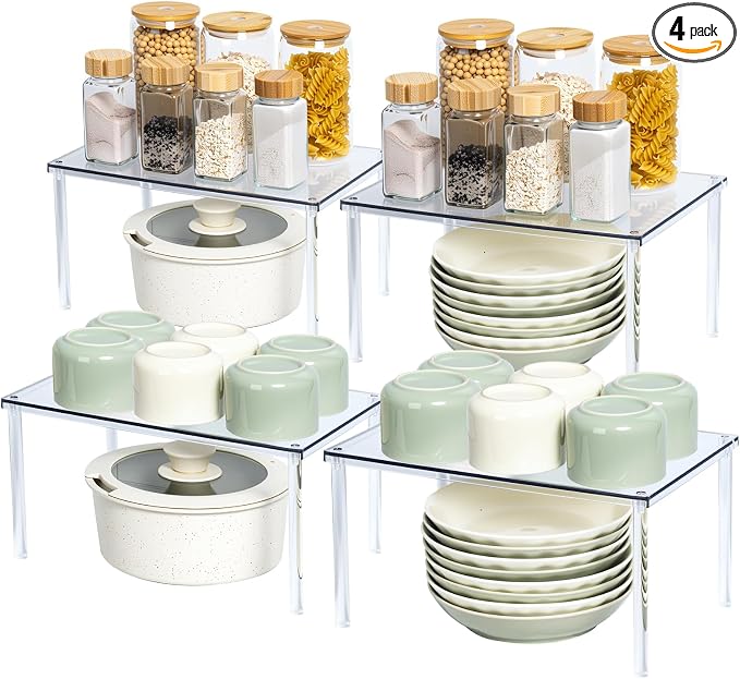 Acrylic Cabinet Organizer Set of 4, Stackable Spice Rack for Kitchen | Clear Shelf Organizer for Pantry, Cabinets, Countertops and Desks, Stackable Design Perfect for Spices and Small Items
