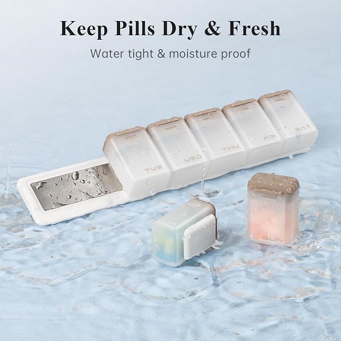 KOVIUU Weekly Pill Organizer, Magnetic Medicine Vitamin Case 1 Time a Day | Week Once Daily Supplement Box, Removable Medication Container Holder for Fridge, 7 Day Large Travel Pill Dispenser, Brown