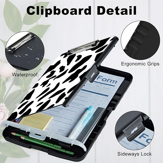 A4 Clipboard with Storage Pen Holder, Clipboards Organizer Nursing Clipboard Foldable File Folder Plastic Clipboard Folio Clip Board for Office Students Classroom Doctor Teacher, Cow Print