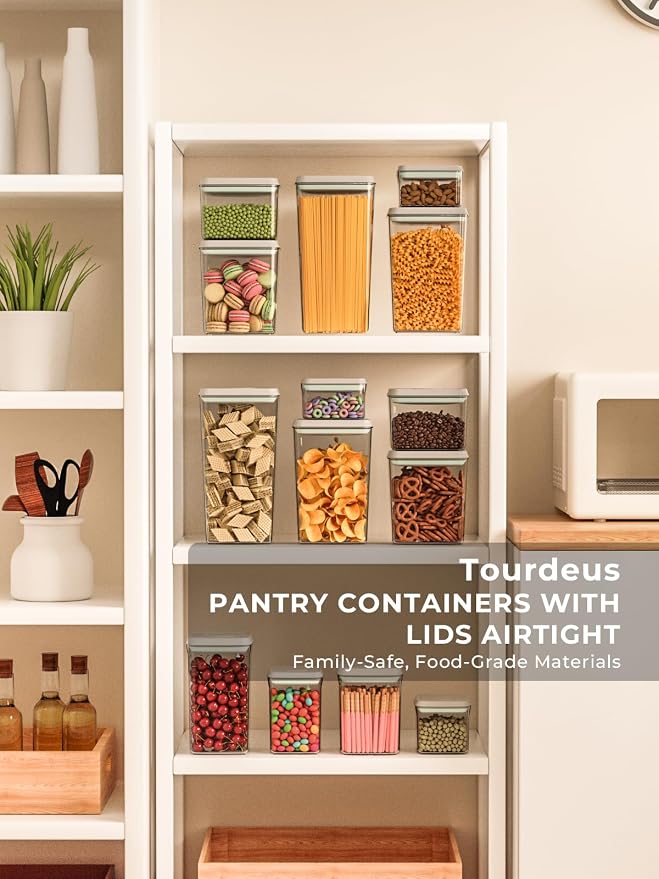 Airtight Food Storage Containers, 4-Piece Set, 1.3-3.5 Qt, Pop-Top Lids | Stackable Pantry Jars with Measurement Marks for Flour, Sugar, Cereal, Oats, Pasta, Snacks, Baking and Small Kitchen Storage