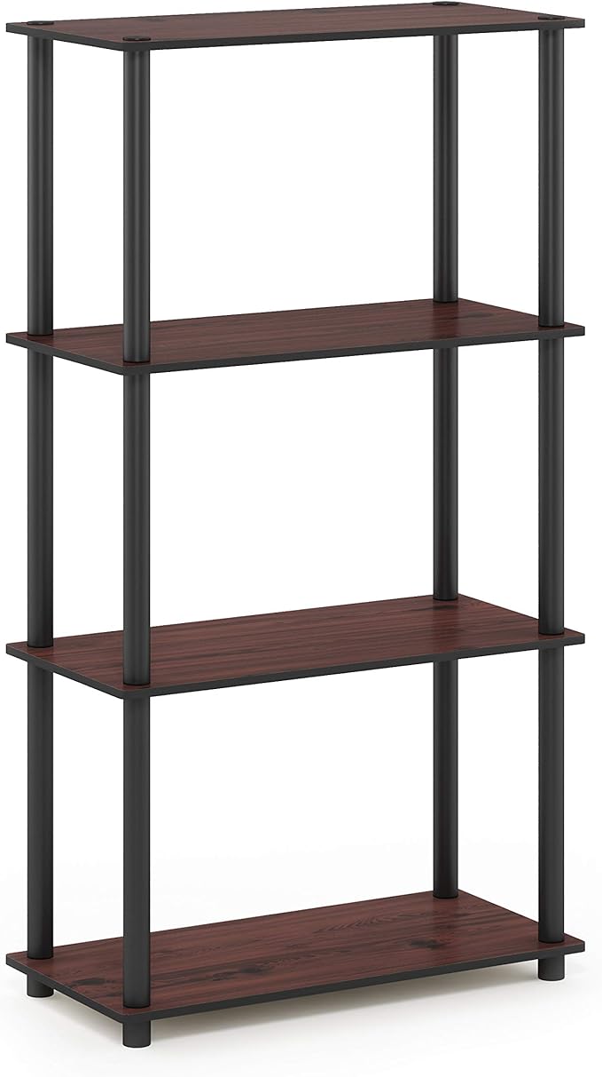 Furinno Turn-N-Tube Toolless 4-Tier Storage Shelves, Dark Cherry | Wide Open Frame Book Shelf, Corner Shelf, for Organization, Living Room, Garage, Home Office