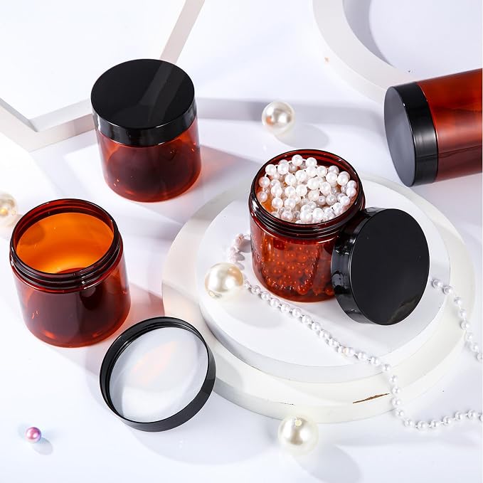 Patelai 60 Pcs Plastic Containers with Lids, Round Leakproof Cosmetic Containers, Multipurpose Storage Jars for Makeup, Lotion, Ointment, Rhinestone Samples, Dry Food and Toiletries(Amber,8oz)