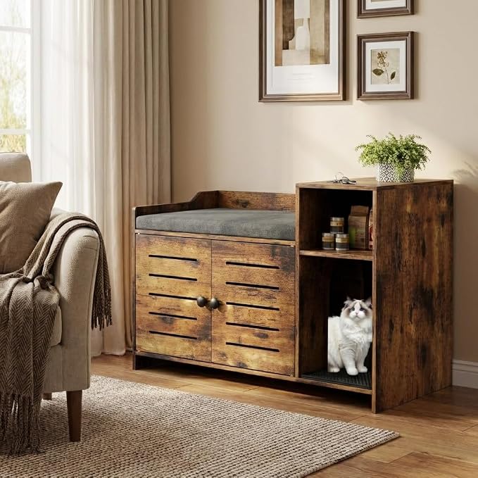 Cat Litter Box Enclosures, Large Hidden Cat Litter Box Furniture with Double Door, Wooden End Table Litter Box Cabinet with Storage Shelf, Cushion & Litter Mat, Dog Proof Design, Modern Cat House