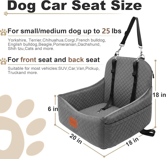 Dog Car Seats for 5-25 lbs Dogs,Pets Safety Travel Bed with 3Seatbelt-Grey | Storage Pockets,Non-Slip Bottom,Memory Foam with Detachable Washable Cover and Easy to Install
