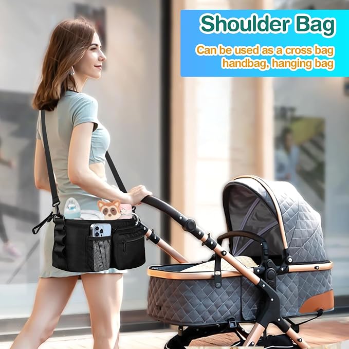 Kinembold Universal Stroller Organizer with Cup Holder Detachable Phone Bag and Shoulder Strap, Stroller Caddy Fits for Stroller Like Uppababy, Baby Jogger, Doona, Nuna, BOB, and Pet Stroller