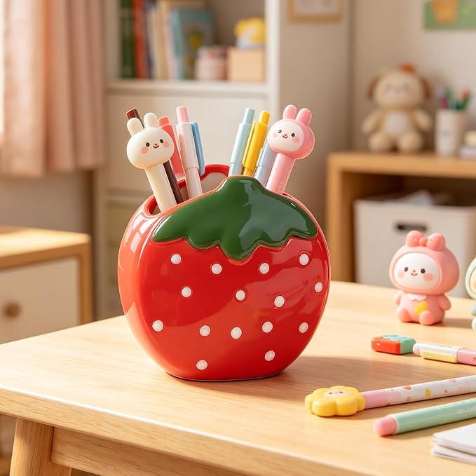 Ceramic Strawberry Shaped Pen Pencil Holder for Desk Decoration Accessories Strawberry Decor Makeup Brush Pen Cups Succulent Plant Pot Office School Ideal Gifts for Women, Mom or Birthdays