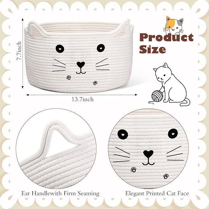 Zopeal Cat Storage Basket Woven Organizer with Ears Decorative Gift Cute Cotton Rope Pet Toy Basket for Gift Cat Dog Toy Bin Nursery Room(13.7 x 7.8 Inch,White)