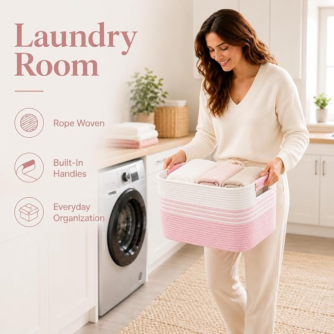 15.4GAL Rope Laundry Basket for Dorm, Cute Boho Square Woven Basket for Living Room Throws Pillow Blanket Storage, Short Dirty Clothes Hamper for Baby Girls Boys Toys Stuffed Animal Towel White Pink