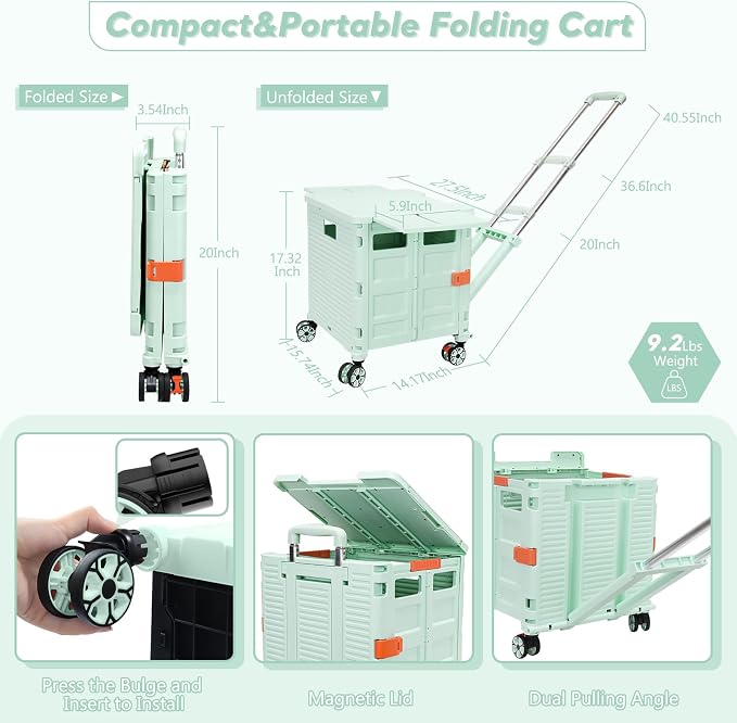 Foldable Utility Cart Rolling Crate Handcart Shopping Cart with Rotate Wheels Extended Magnetic Lid Telescoping Handle Adjustable Angle for Transports Groceries Office Teacher File(Green)