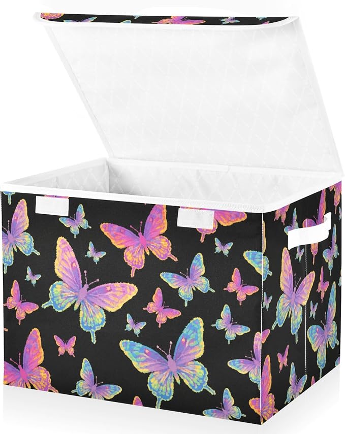 Butterfly Storage Bin Foldable Collapsible Fabric with Lid Handles 40L | Decorative Storage Boxes, 300D Oxford Cloth, Hollow Board Frame, Flip Top Velcro Lid, 16.5x12.6x11.8 inch, Collapsible Design