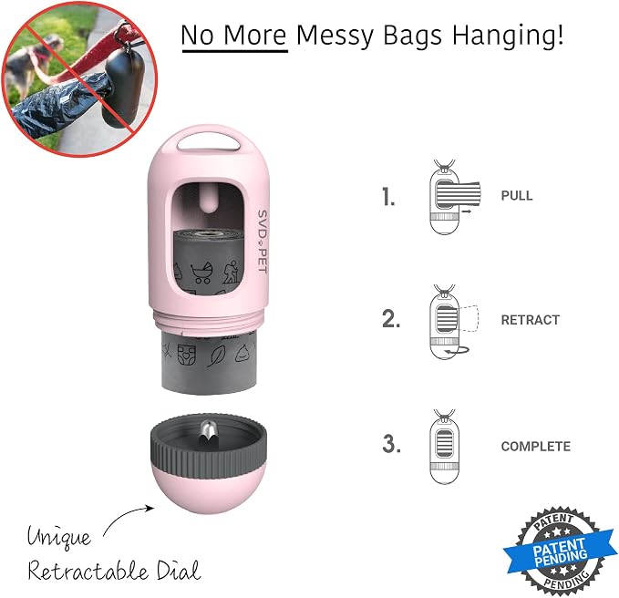 SVD.PET Dog Poop Bag Dispenser, Waste Bag Retractable, Primrose Pink | Portable Poop Bag Holder, Fits Any Dog Leash, Leak-Proof Bag Starter Roll Included, Dog Walking & Travel Accessory