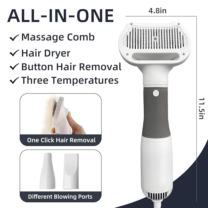 Dog Grooming Dryer with Slicker Brush, 3 in 1 Professional Portable Pet Dryer for Dogs Cats Adjustable Temperature Speed Settings, Pet Blow Brush for Home Travel Use (Gray)