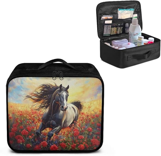 Rnyleeg Sunset Horse First Aid Bag Empty Romantic Rose First Aid Kit Home Lightweight Medical Travel Kit with Mesh Pockets&Handle Easy to Clean