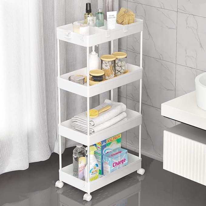 4 Tier Rolling Cart with Wheels, Storage Craft Art Trolley Organizer Serving, 3 Hanging Baskets Easy Assembly, for Office, Living Room, Kitchen
