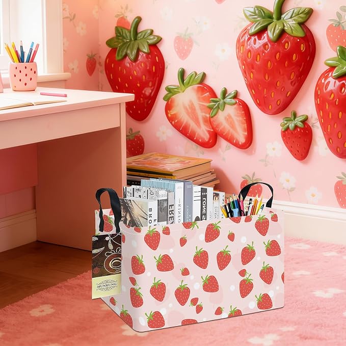Rectangle Foldable Storage Basket Handles For Home, Pink Strawberry | Waterproof canvas material, reinforced handles, perfect for shelf use, organizes clothes, daily items and pet supplies