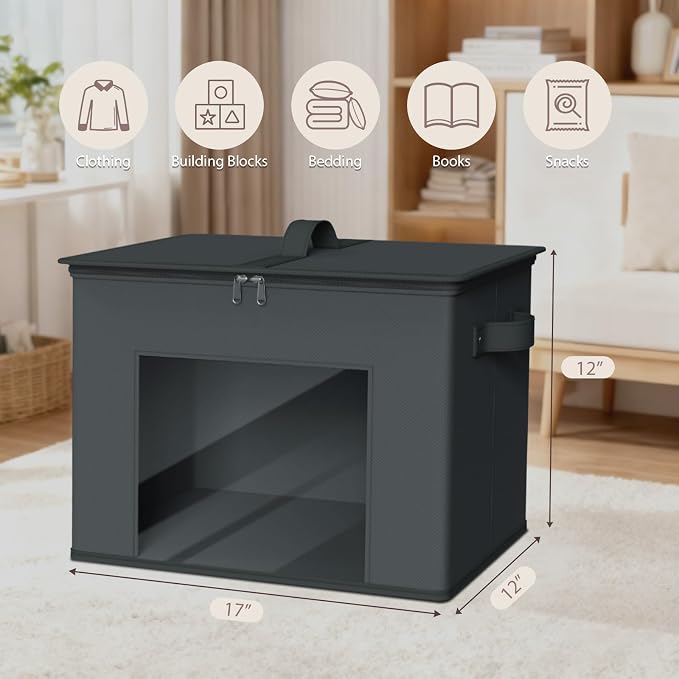 Zilink Fabric Organizer Bins with Lids Cloth Storage Bins, Dark Grey, 4Pack | Stackable, Smooth Zipper, Clear Window, Collapsible Closet Organizer Storage Bins for Home, Office, Bedroom