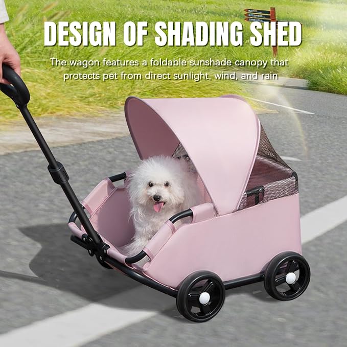 La La Pet 4-Wheel Dog Stroller with Sunshade Cover Collapsible Mesh Canopy Portable Pet Carrier for Outdoor Travel Shopping Walking Suitable for Small Dogs and Cats Pink