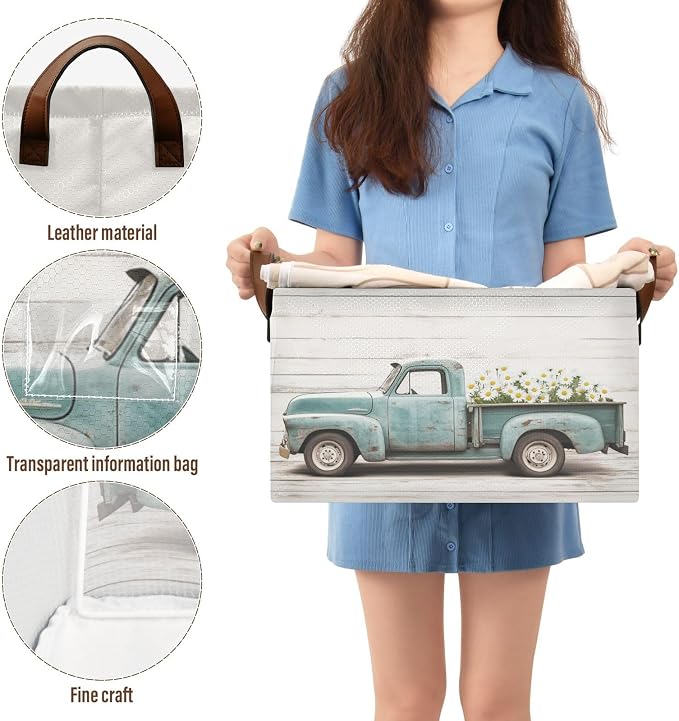 Vintage Truck with Daisies Wood Grain Storage Bins for Shelves with Labels&Handles Fabric Organizer Bin Foldable Rectangle Storage Basket Boxes for Closet, Bathroom, Home, Living Room