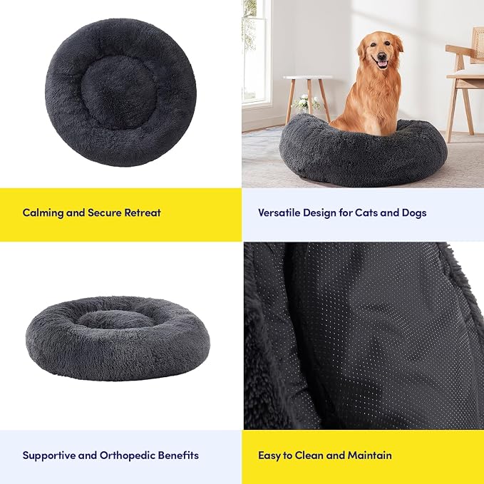 Dog & Cat Bed: Round Faux Fur Pet Bed - Plush, Cozy, & Calming Donut Bed for Medium Pets - Soft & Comfortable Sleeping Cushion for Napping & Lounging, 23" Round, Dark Gray