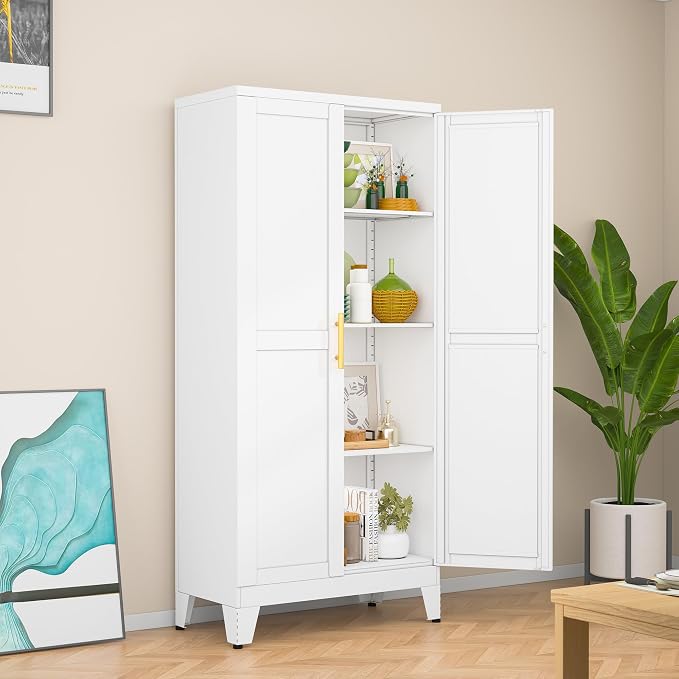 White Kitchen Pantry Cabinets, 48" Metal Storage Cabinet for Office | Steel Kitchen Pantry Storage with Doors and 3 Adjustable Shelves, for Office, Home, Garage, School