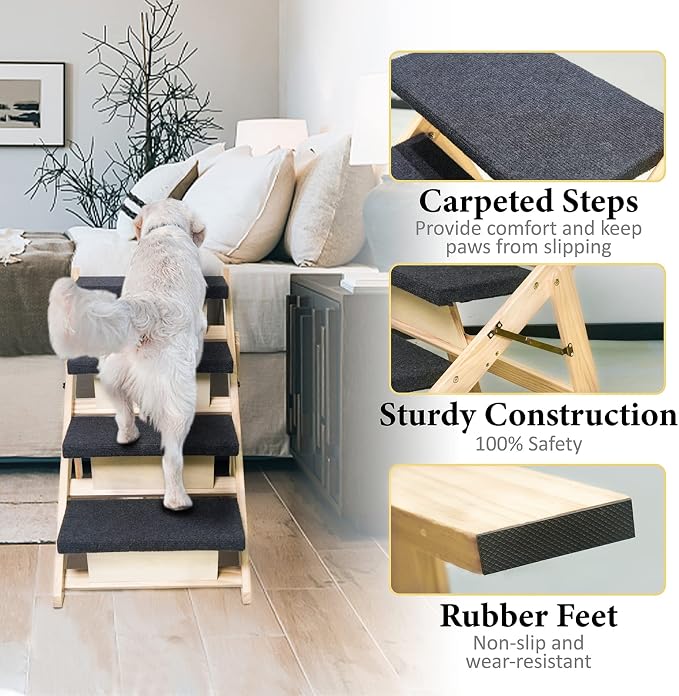 BRIKY 2-in-1 Dog Stairs/Ramp with 4 Steps | Foldable Dog Stairs for High Beds Cars Couch, Durable Wooden Pet Stairs for Small Medium Large Dogs, No Assembly Required