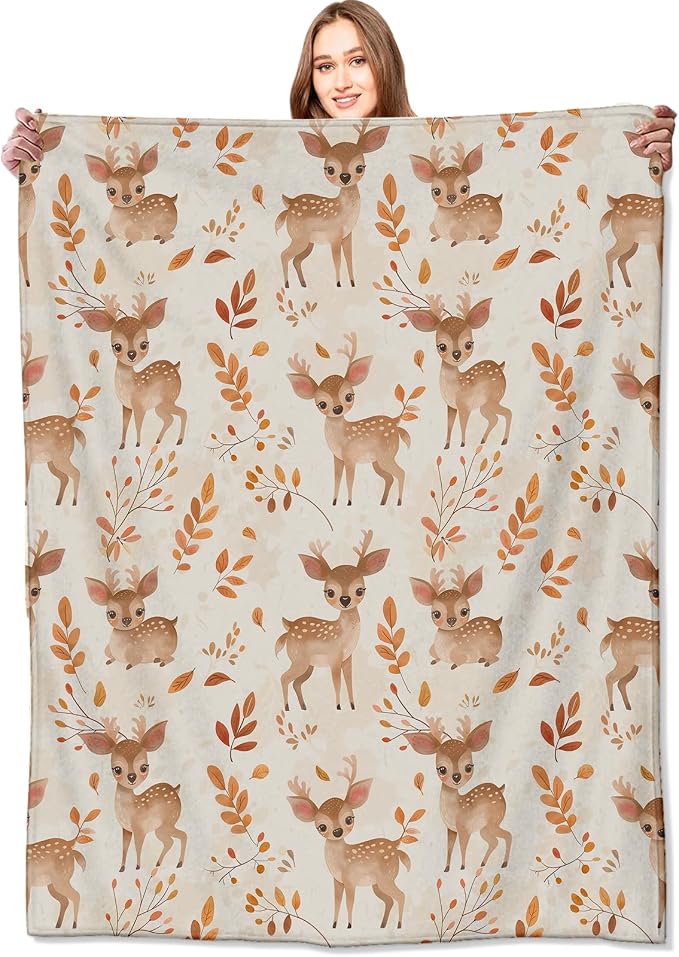 Whimsical Deer Blanket Cute Fawn and Autumn Leaves Throw Blankets Gifts for Kids Girls Lightweight Soft Fleece Cozy for Sofa Couch Bed Room Travel Birthday Decor 50x60in