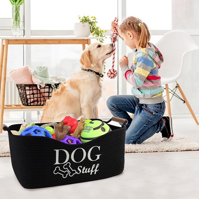 Medium Woven Dog Toy Basket,Dog Stuff Organizer,Collapsible Dog Toy Bin with Wood Handles,Rectangle Puppy Toy Storage Basket,Dog Organizer for Dog Toys,Collar,Leash,Blankets-Black | 100% Cotton Rope Basket with Wood Handles, Dog Organizer for Dog Toys,...