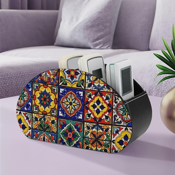Desktop Remote Control Holder Mexican Talavera Tile Storage Cup Caddy Box | Table Desk Organizers with 5 Compartments, Mexican Talavera Tile Colorful Floral Mexican, Multi-functional Office Supplies